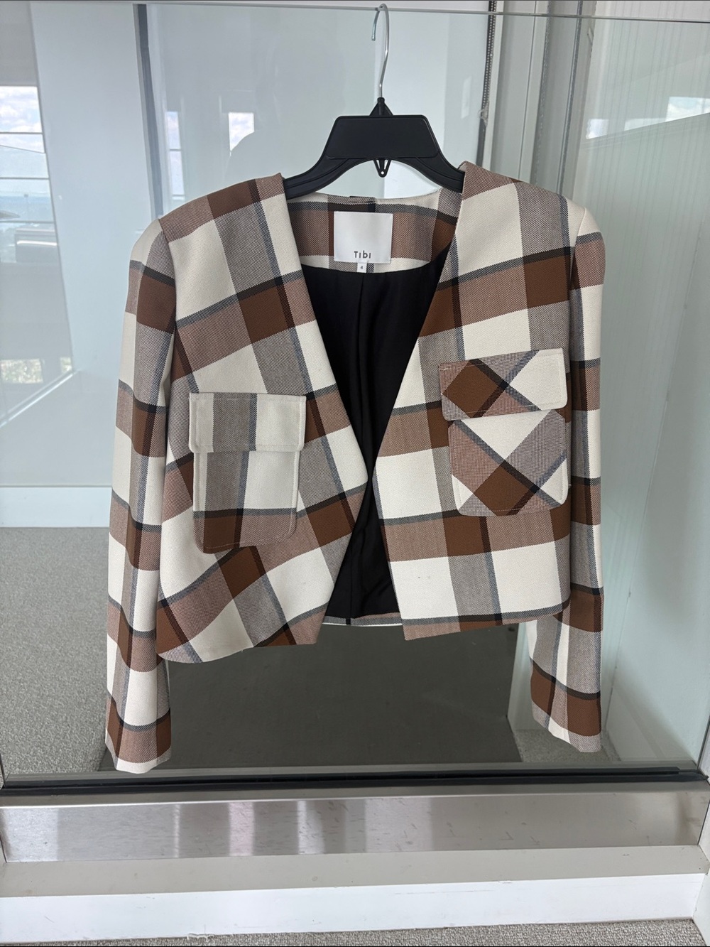 Tibi Plaid Cropped Blazer in Brown, Cream & Gray